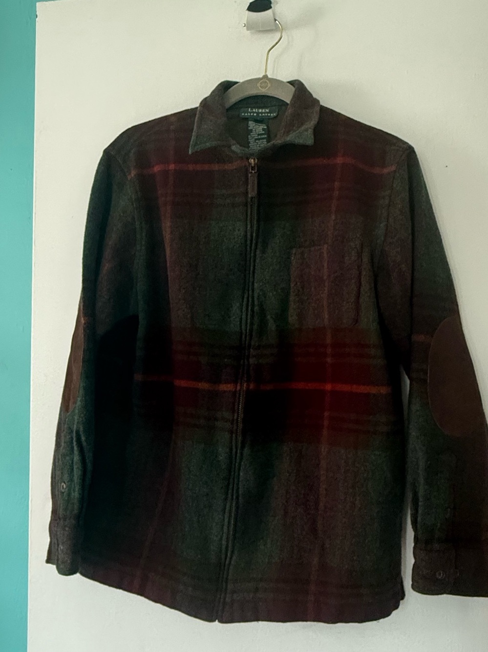 Lauren Ralph Lauren Lambswool Jacket Size L Plaid Zip-up Shacket Elbow Patches
